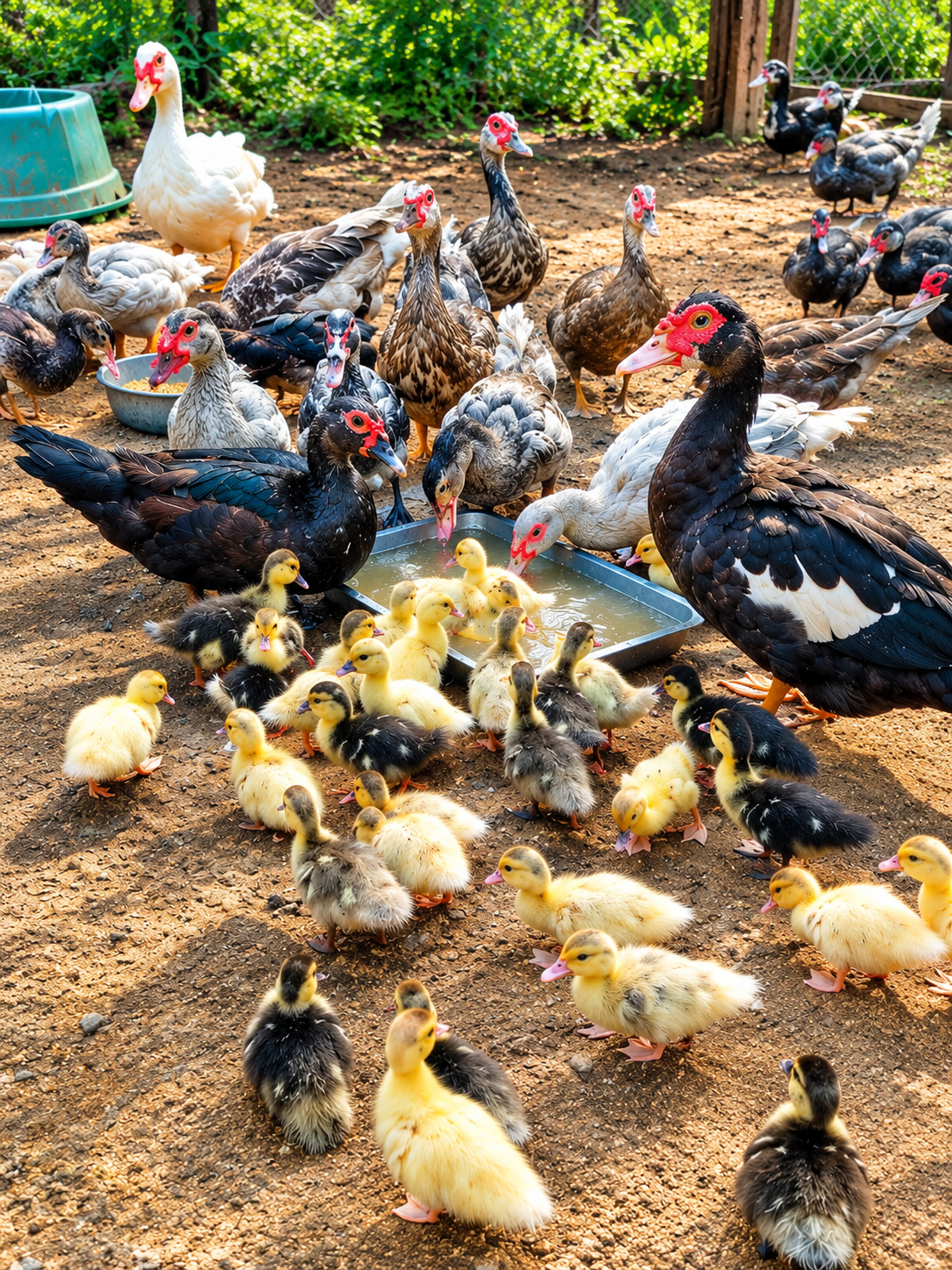 Adult ducks and their ducklings on a farm